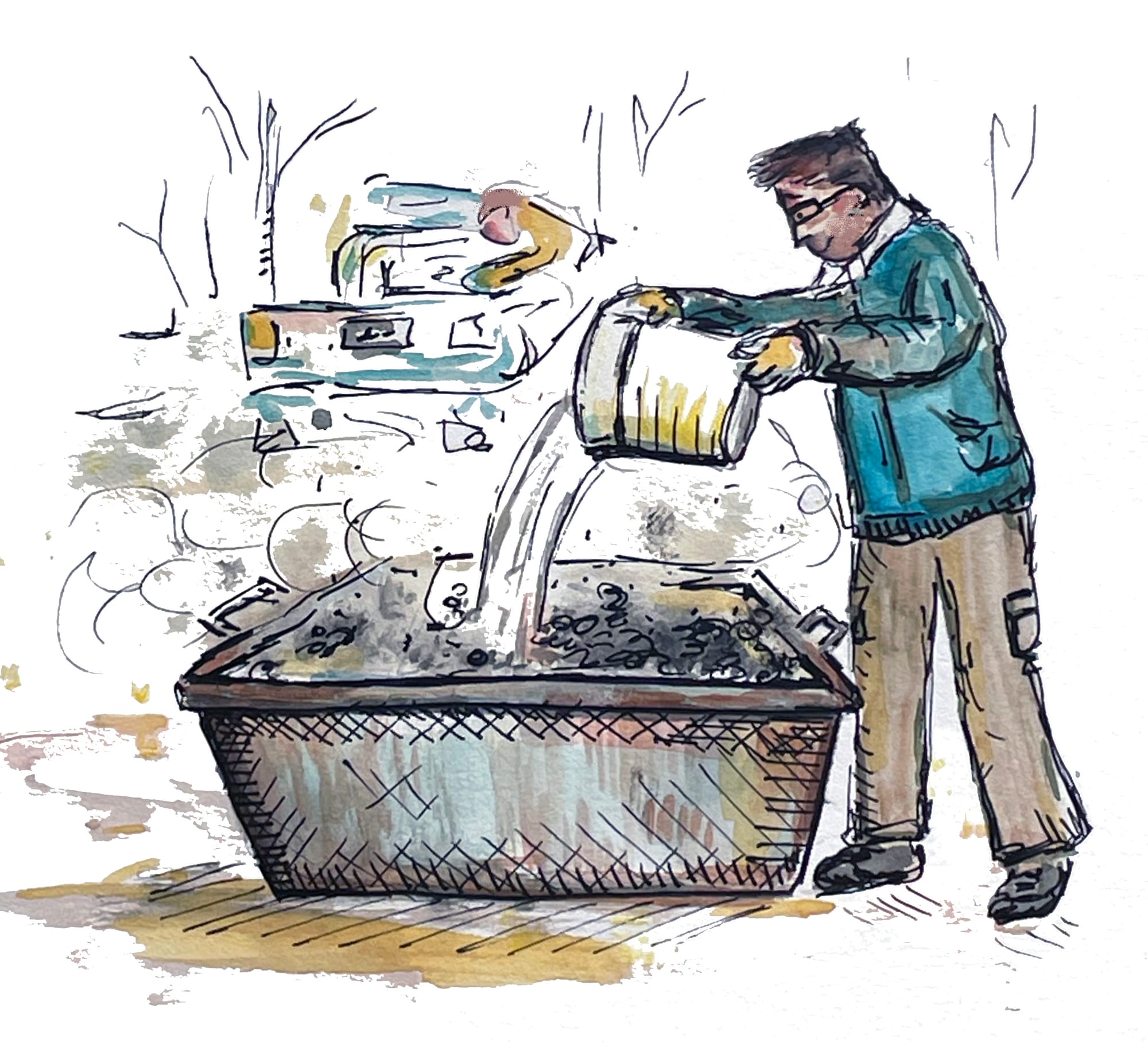 A man douses the fire of a biochar kiln in this illustration. 