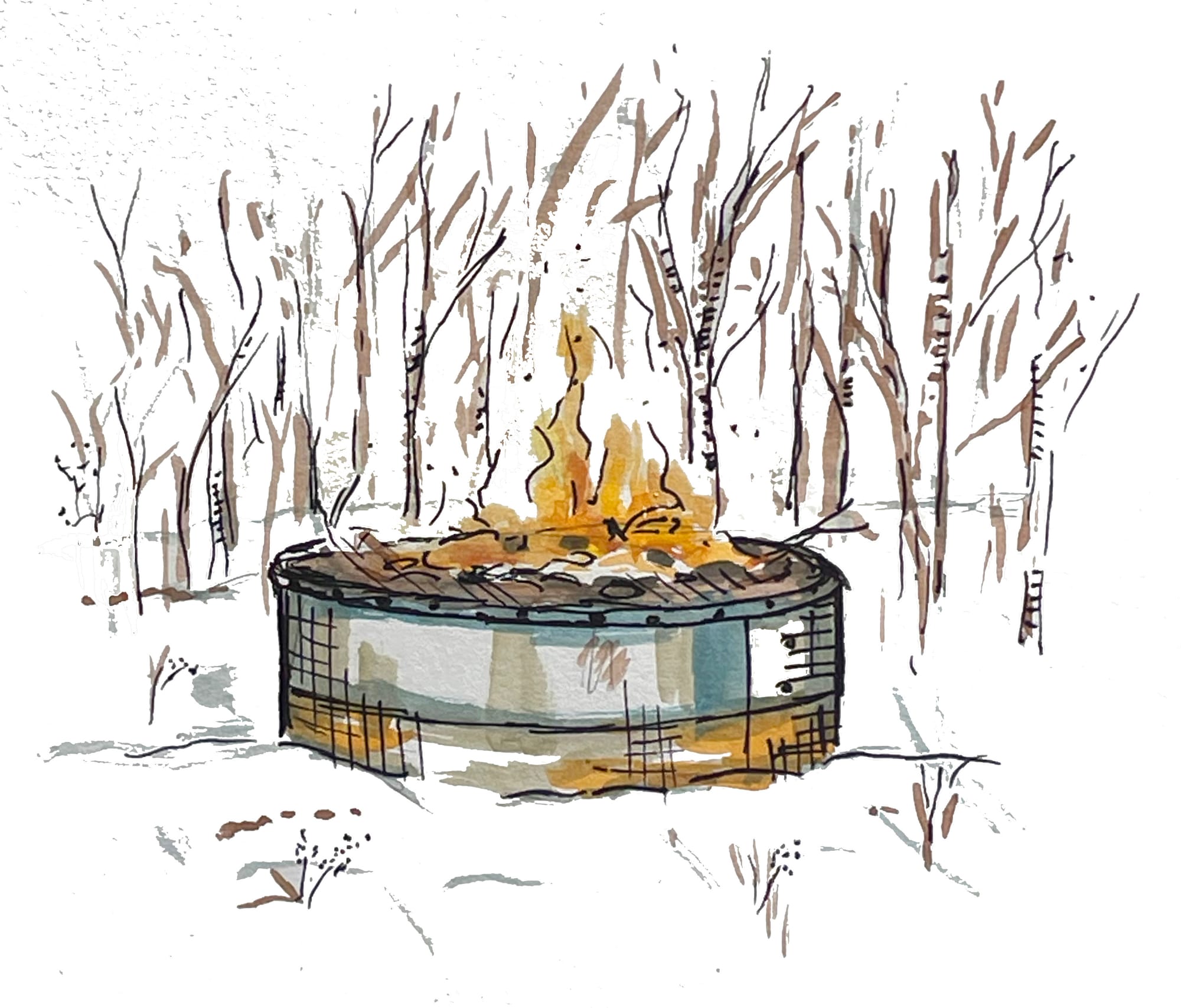 Branches and twigs are seen burning in a kiln to create biochar in this illustration.