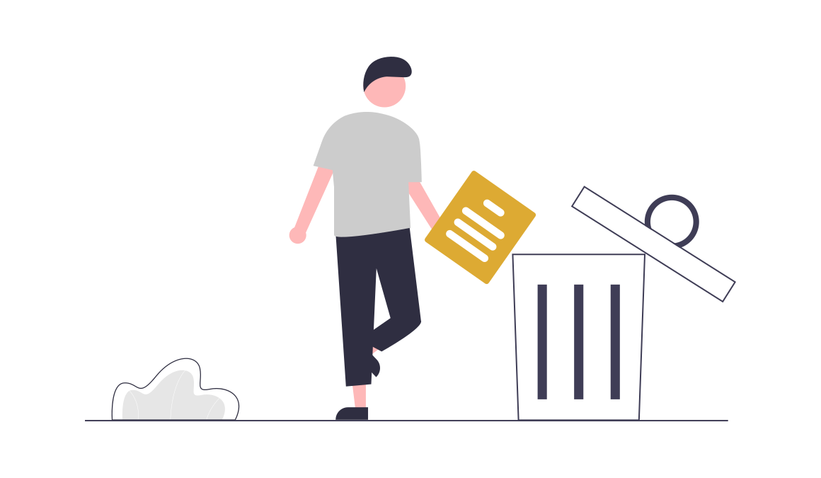 Illustration of a person throwing a piece of paper in a trash can. 