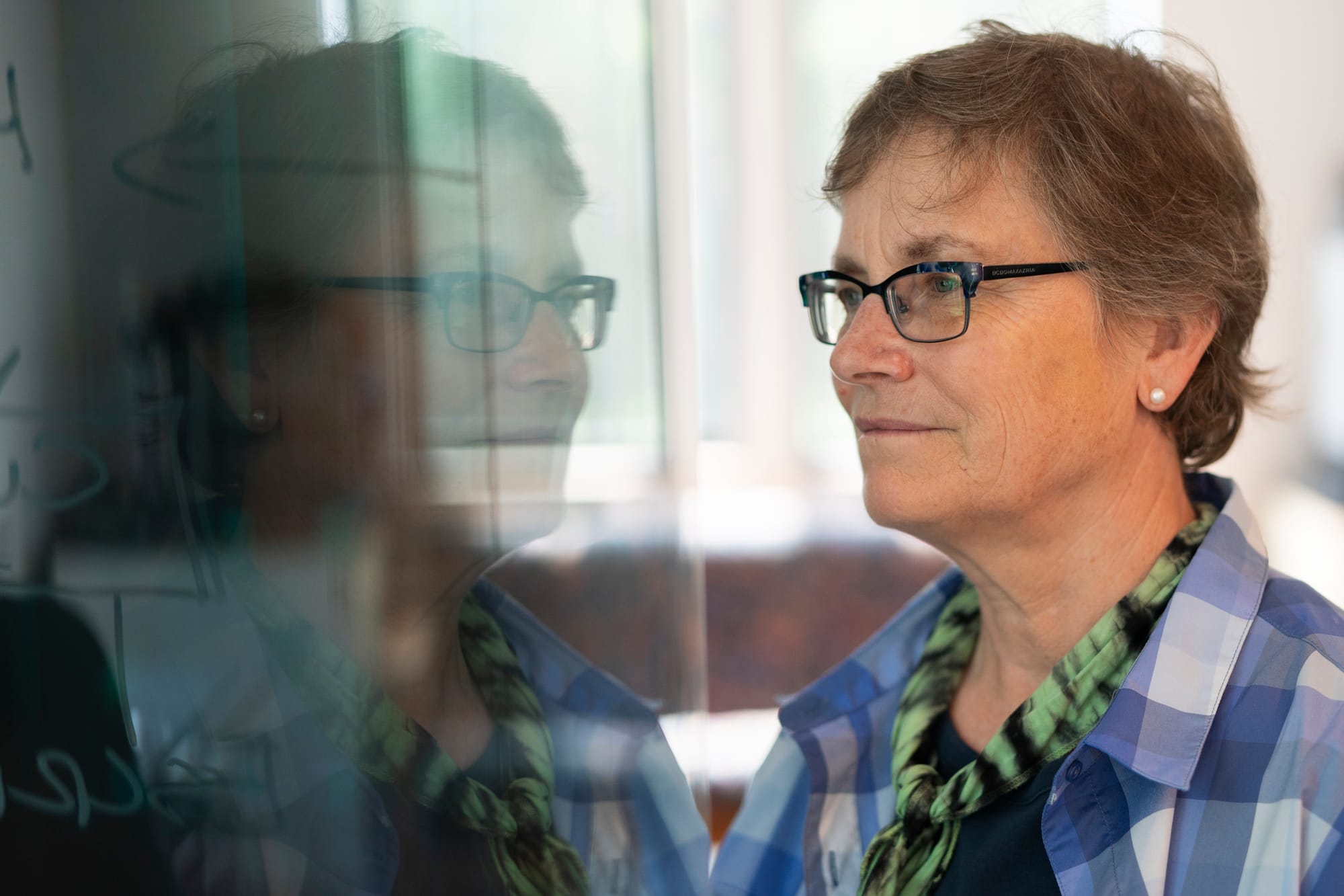 Woman poses for a photo. She stares into a window, which reflects her image.