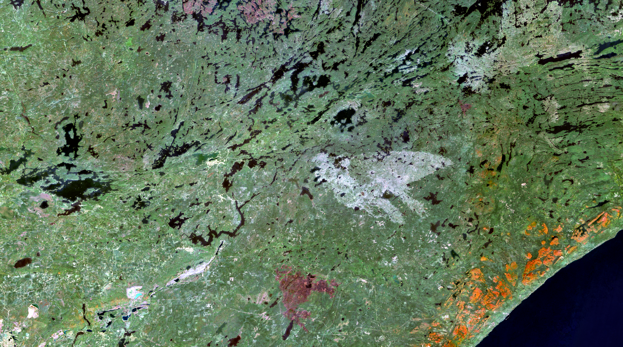 A satellite image of Superior National Forest that shows burn scars from above.