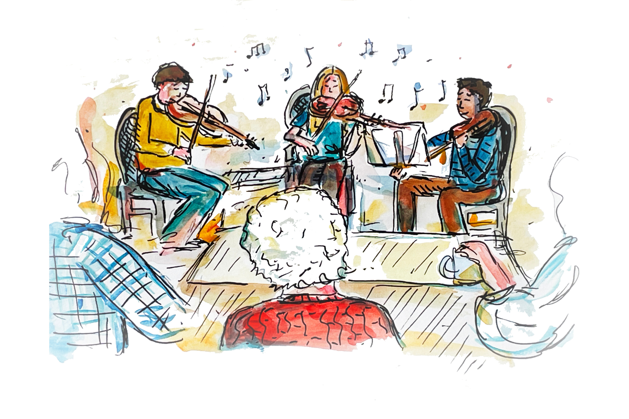 An illustration of students playing music for older adults.