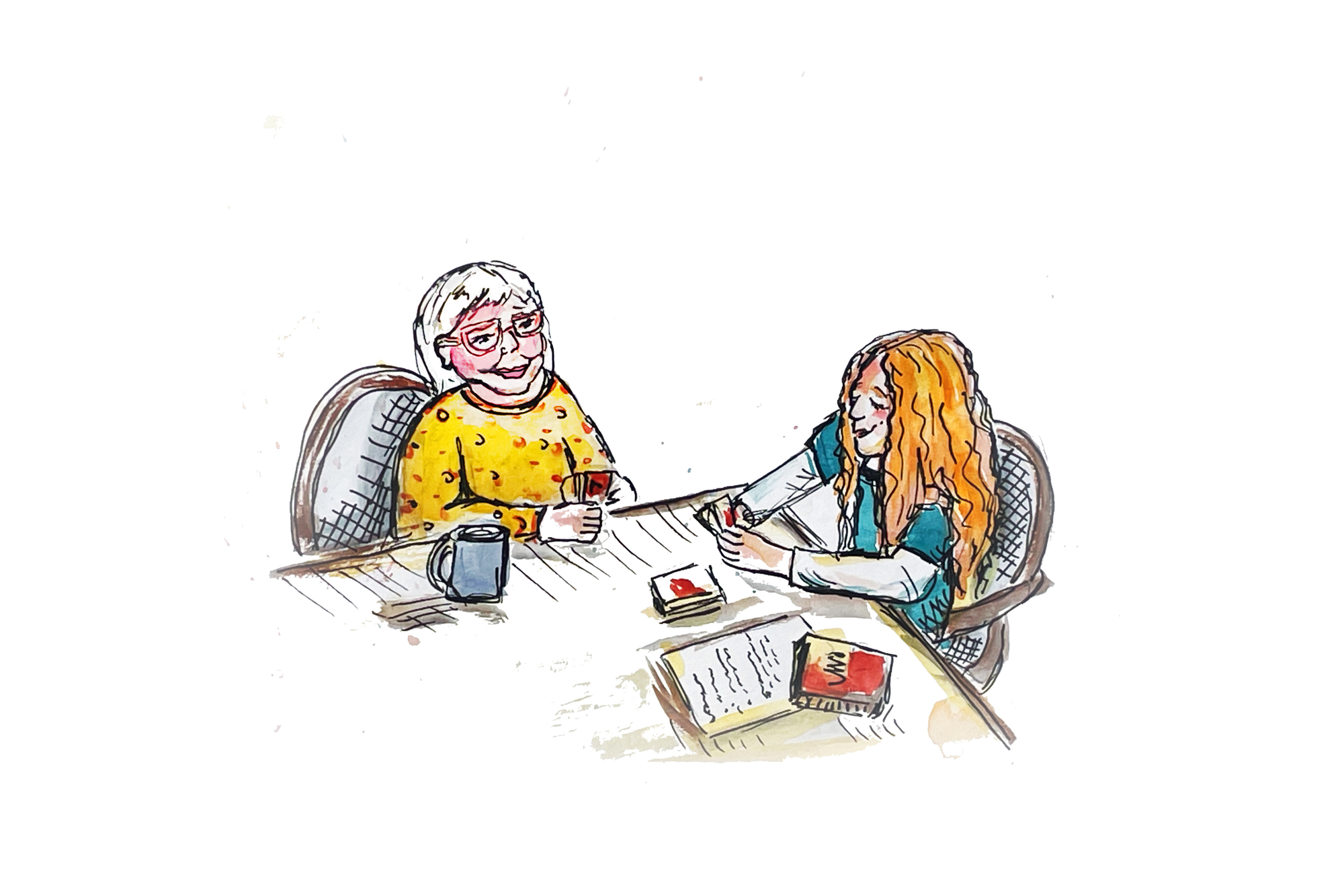 An illustration of a young woman playing cards with an older woman.