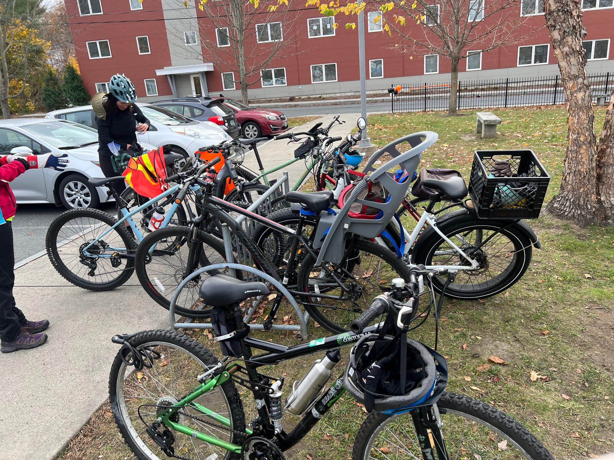 A group of six bicycles is parked after a group ride in a park. 