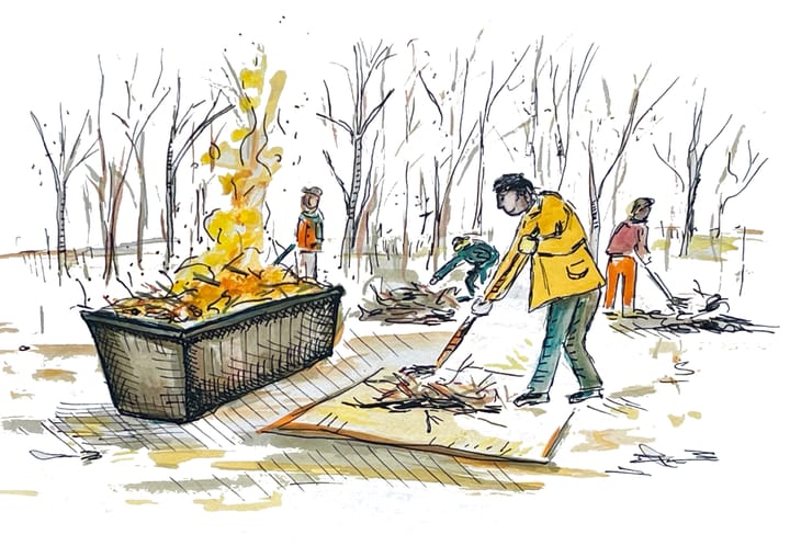 Illustration of a cartoon man adding branches to a burning biochar kiln.