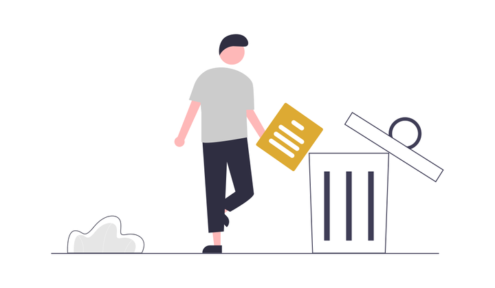 Illustration of a person throwing a piece of paper in a trash can. 