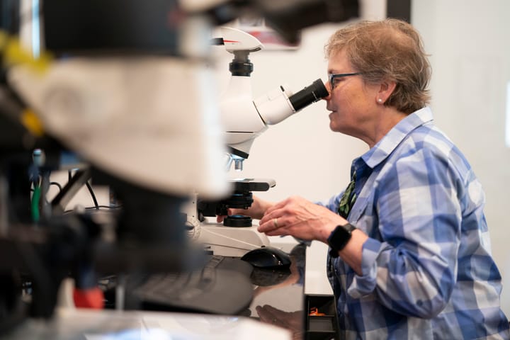 Woman looks in a compound microscope. 