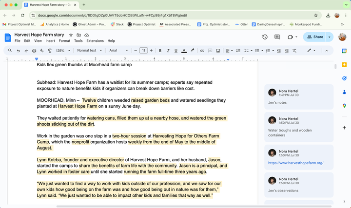 A screenshot of a Google Doc with lots of text highlighted to indicate those portions have been verified. 