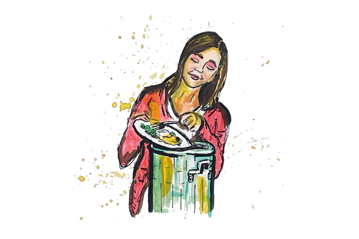 An illustration of a woman scraping her plate into a compost bin.