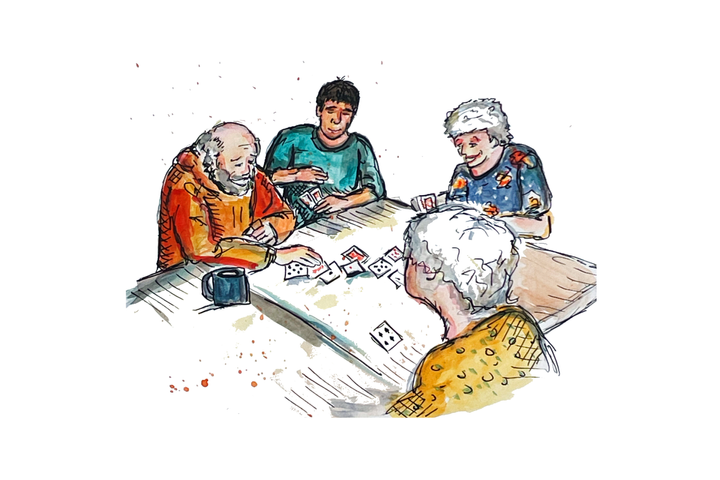 An illustration of a young adult playing cards with older adults.