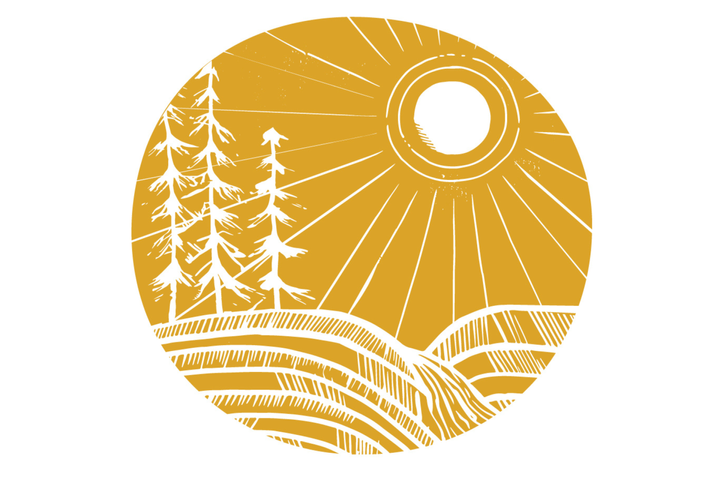 Rolling hills, pine trees, and a sun are pictured in white on a golden yellow background. 