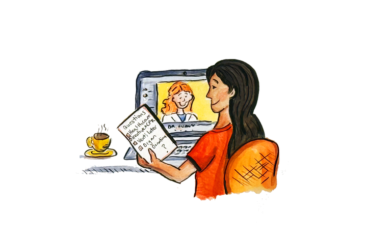 An illustration of a person discussing advance care planning with their doctor via a telehealth appointment.